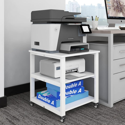 Natwind 3-Tier Laser Printer Cart,19.7''x19.7''x22.6'' Large Machine Stand,Heavy Duty Rolling Table with Storage,Floor-Standing Rack on Wheels,Paper File Organizer Shelf for Home Office (White)