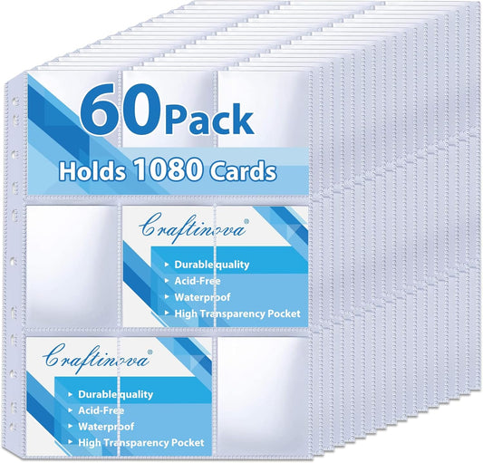 60 Pack 9 Pocket Card Sleeves Binder Sheets，Holds 1080 Cards, Clear Trading Card Sleeve Pages Protector for 3 Ring Binder, Fit for Baseball,Football,Game,Business Cards