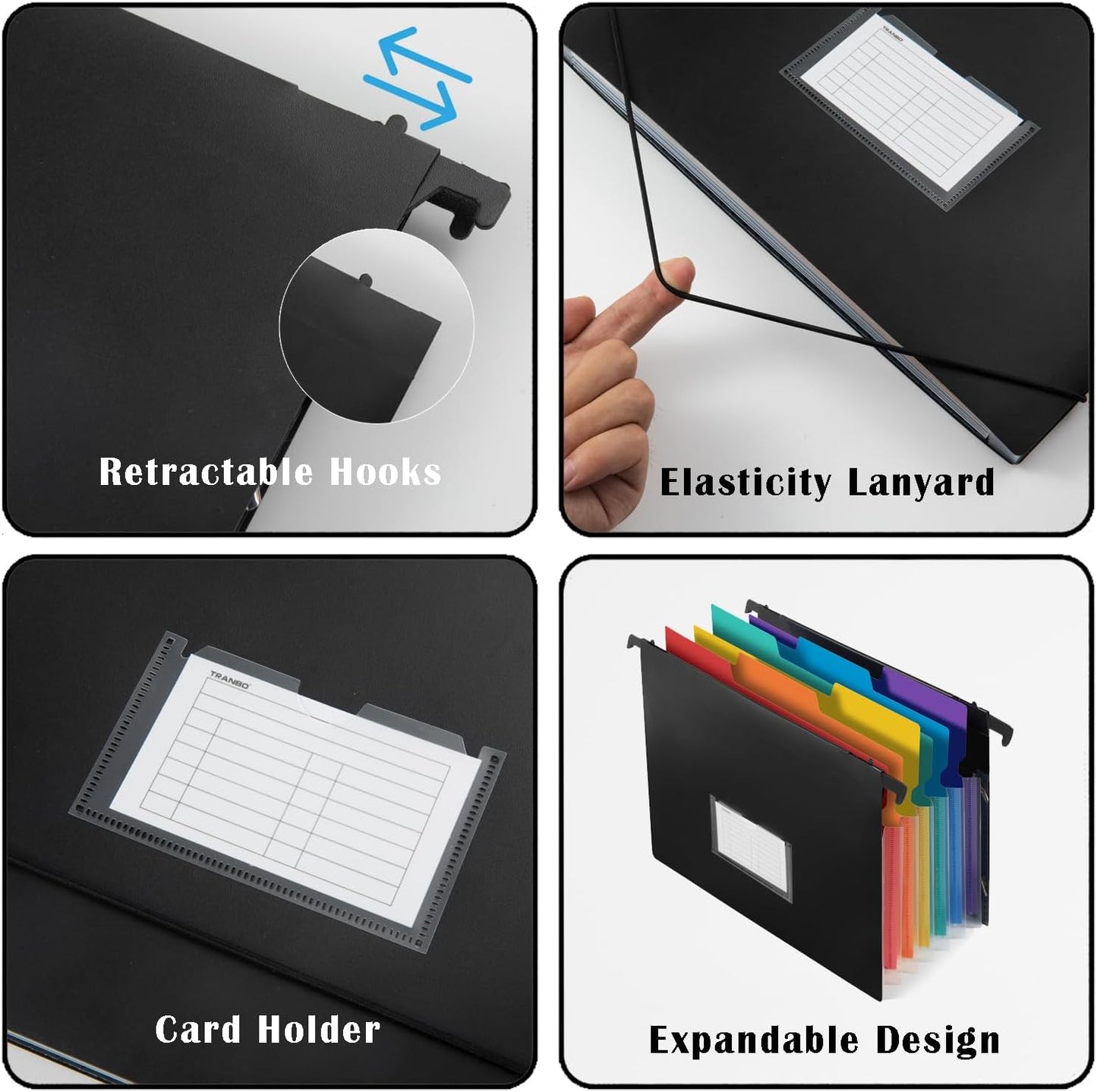 TRANBO 7-Pockets Hanging File Folder with Retractable Hooks for Filing Cabinet, Letter Size Expandable Accordion File Organizer with Elastic Band for File Frame or On-The-Go Use (6 Pack)
