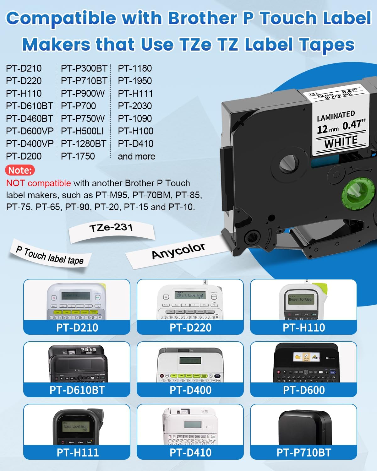 Anycolor Compatible with Brother P Touch Label Tape TZe TZ Tape 12mm 0.47 Laminated White Replace for TZe-231 Label Maker Tape Ptouch PT-D210 PT-D220 PT-H110 PT-D610BT PT-D600 PT-D410 PT-D400, 5pk