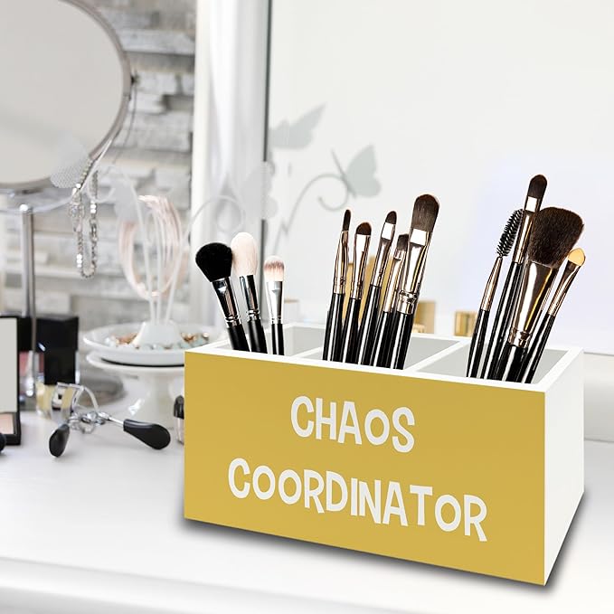 Chaos Coordinator Yellow Pen Pencil Holder Organizer for Desk, Thank You Gifts for Women Men Coworkers Boss Leader Manager, Appreciation Gifts Wooden Box Sign for Office Tabletop Decorations