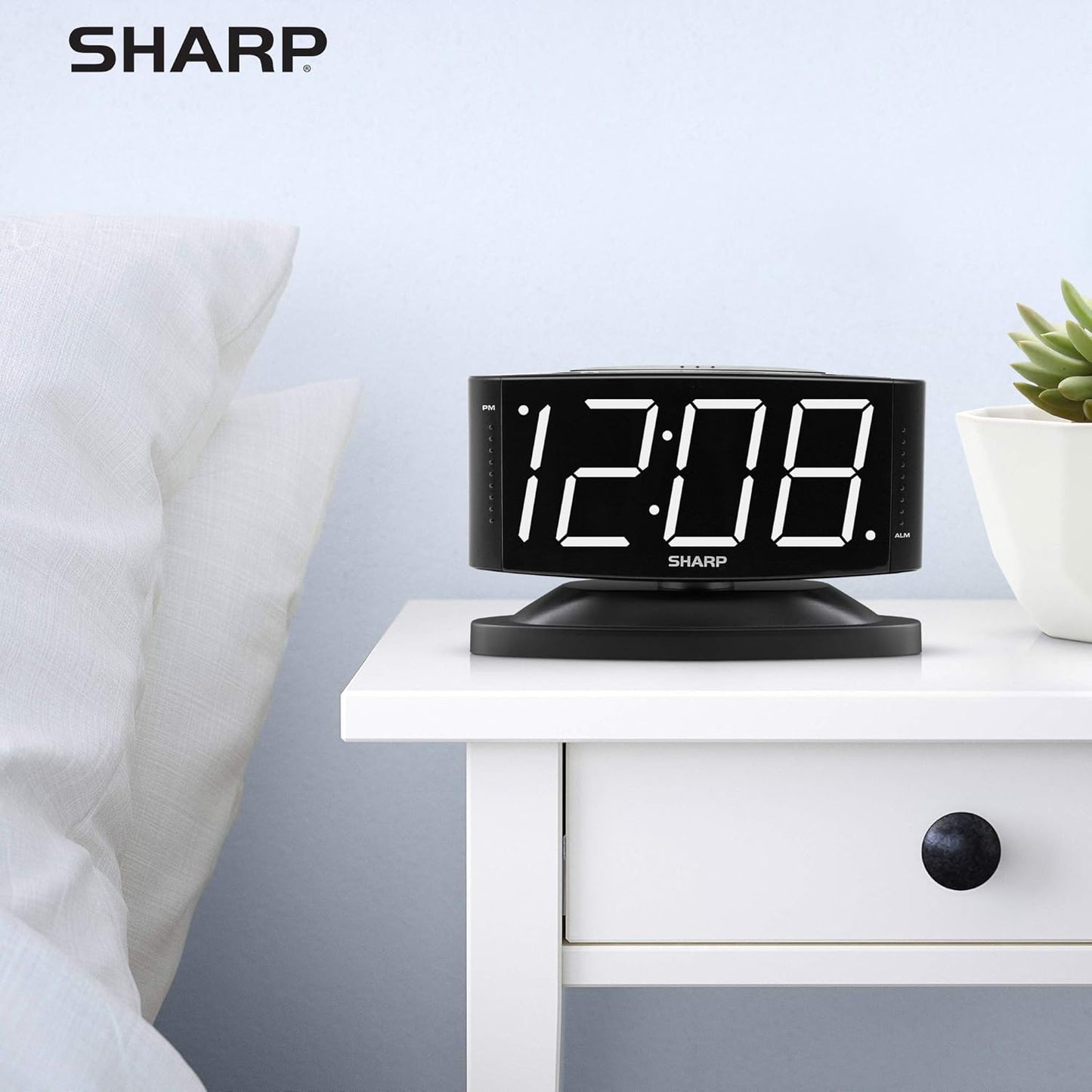 Sharp Home LED Digital Alarm Clock – Swivel Base - Outlet Powered, Simple Operation, Alarm, Snooze, Brightness Dimmer, Big White Digit Display, (Black-White LED)