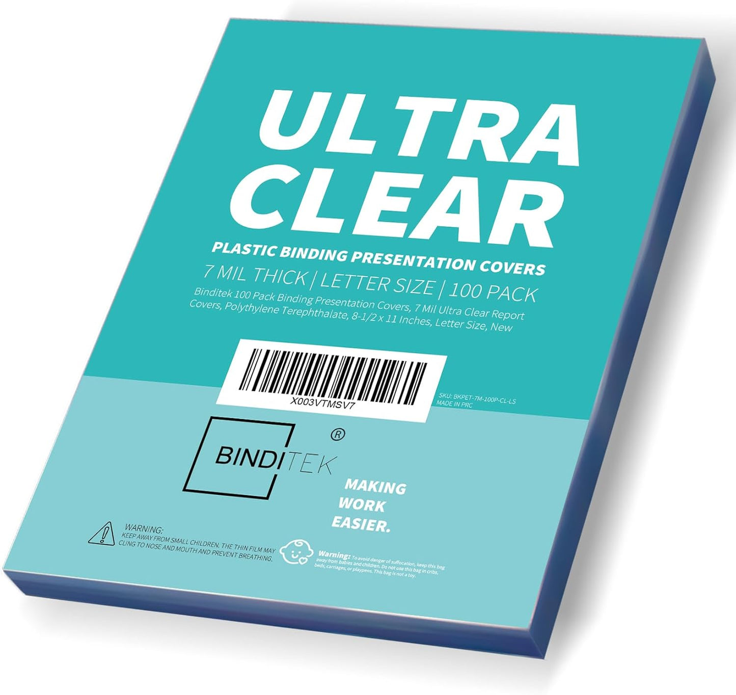 Binditek 100 Pack 7 Mil Binding Presentation Covers, Ultra Clear, 8.5 x 11 Inches, Letter Size, Square Corners, Un-Punched
