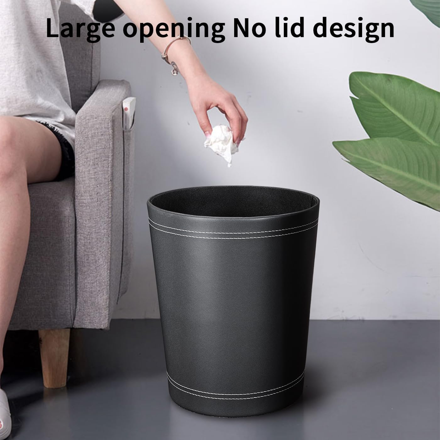 KINGFOM 3 Pack PU Leather Small Office Trash Can Wastebasket, Round Garbage Container Bin for Bathrooms, Powder Rooms, Kitchens, Home, Bedroom, High-Class Hotel, Black