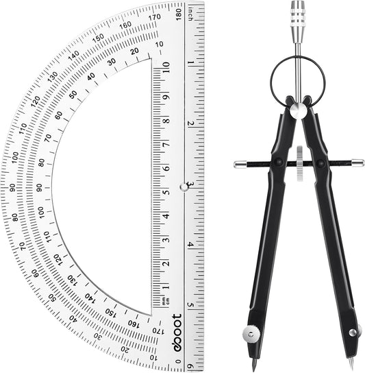 EBOOT Student Geometry Math Set, Drawing Compass and 6 Inch Clear Swing Arm Protractors 180 Degree Math Protractor (Black)