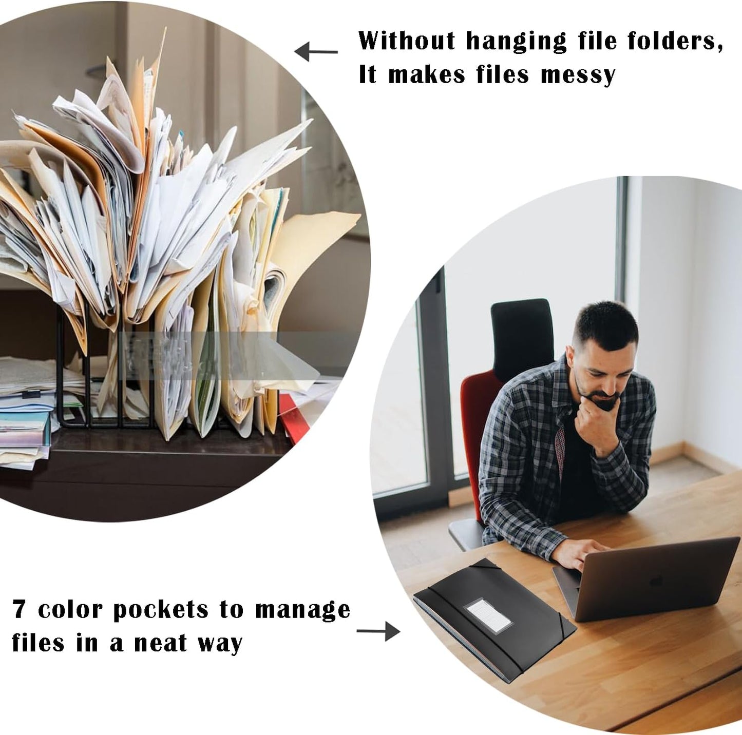 TRANBO 7-Pockets Hanging File Folder with Retractable Hooks for Filing Cabinet, Letter Size Expandable Accordion File Organizer with Elastic Band for File Frame or On-The-Go Use (3 Pack)