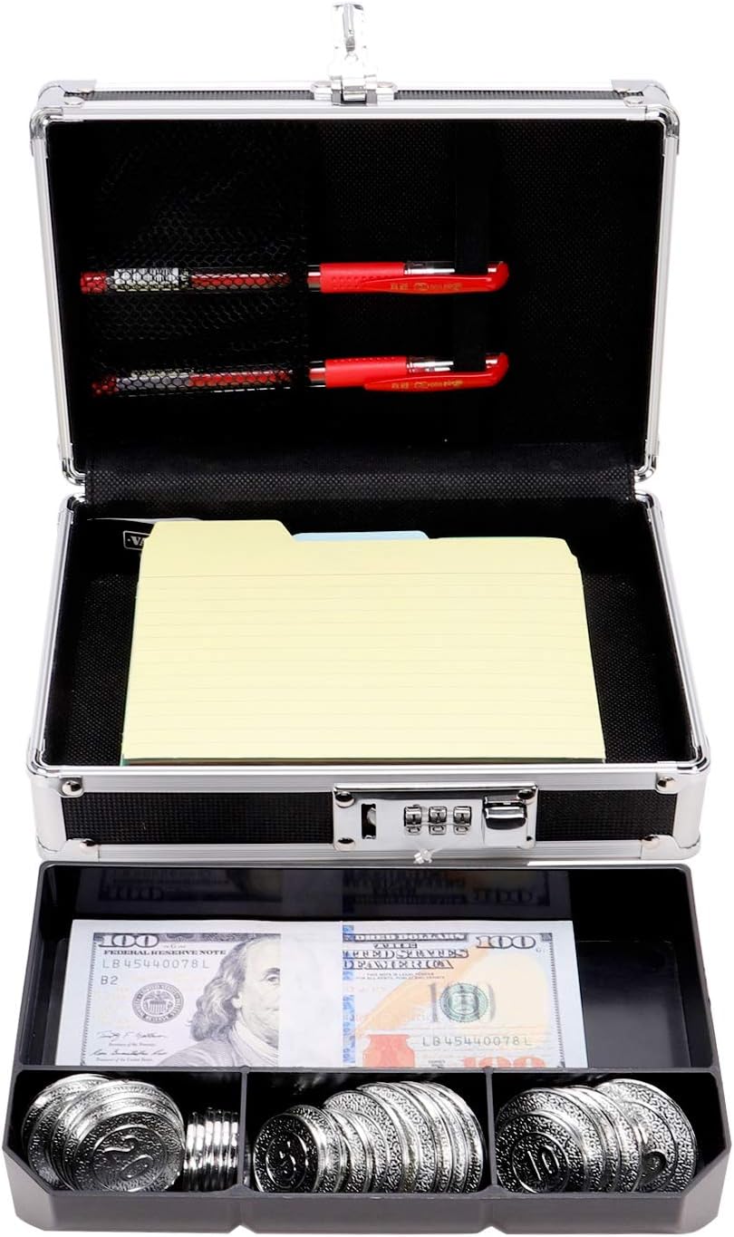 Vaultz Locking Mini Cash Box with Bill and Coin Tray, 8.5 x 2.75 x 5.5 Inches, Black (VZ00304)
