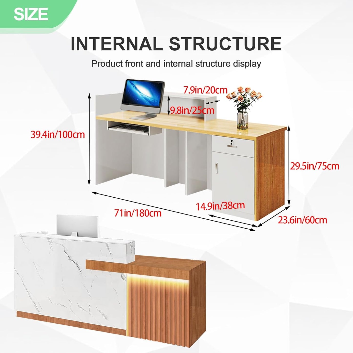 Modern Reception Desk with Counter and Drawer Office Front Desk with Cabinet Wooden Commercial Reception Table Checkout Counter for Retail Salon Lobby White and Brown Right 71inch/180cm