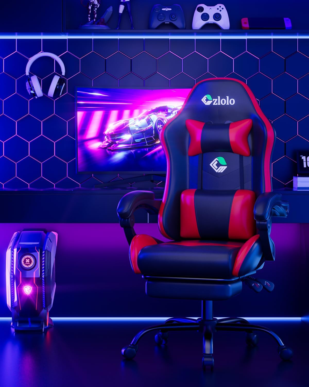 Gaming Chair, Ergonomic Office Computer Chair with Footrest and Lumbar Support Massager Racing Style High Back Video Gamer Chair, Wide＆Thick Cushion, 90°-135° Recline, Adjustable Height, Red