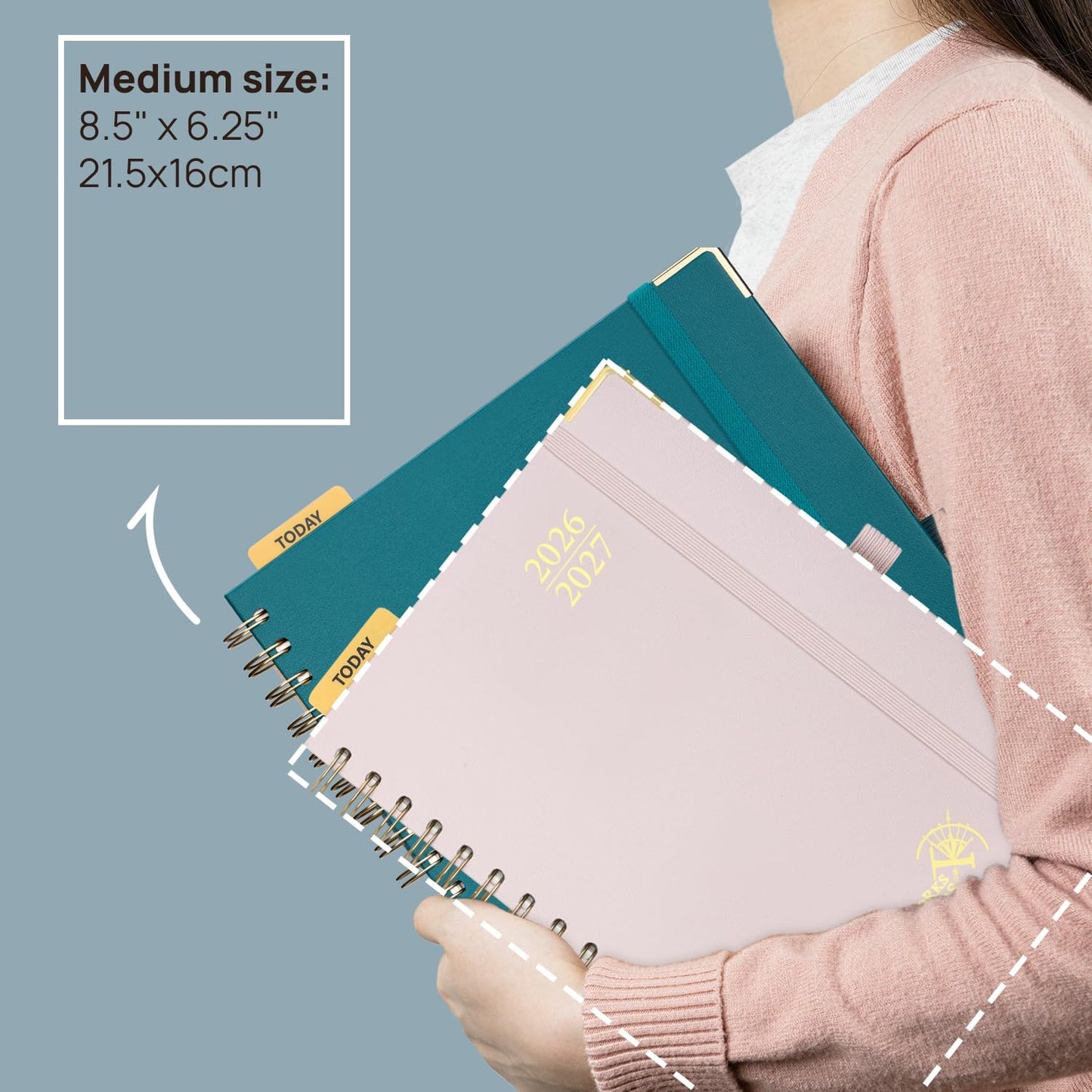 POPRUN Monthly Planner 2026-2027 Spiral Hardcover (6.25'' x 8.5''), 18 Months Calendar (Jan.2026-Jun.2027) - 2 Pages per Month with Dotted Note Pages, Sunday Start, Laminated Tab - Light Pink