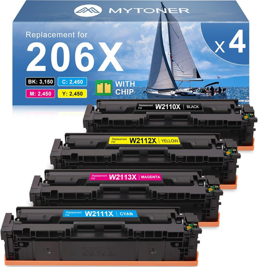 MYTONER 206X Toner Cartridges 4 Pack High Yield (with Chip) Compatible Replacement for HP 206A 206X for Color Pro MFP M283fdw M283cdw M282nw Pro M255dw M255nw M283 M255 M282 Printer W2110X W2110A