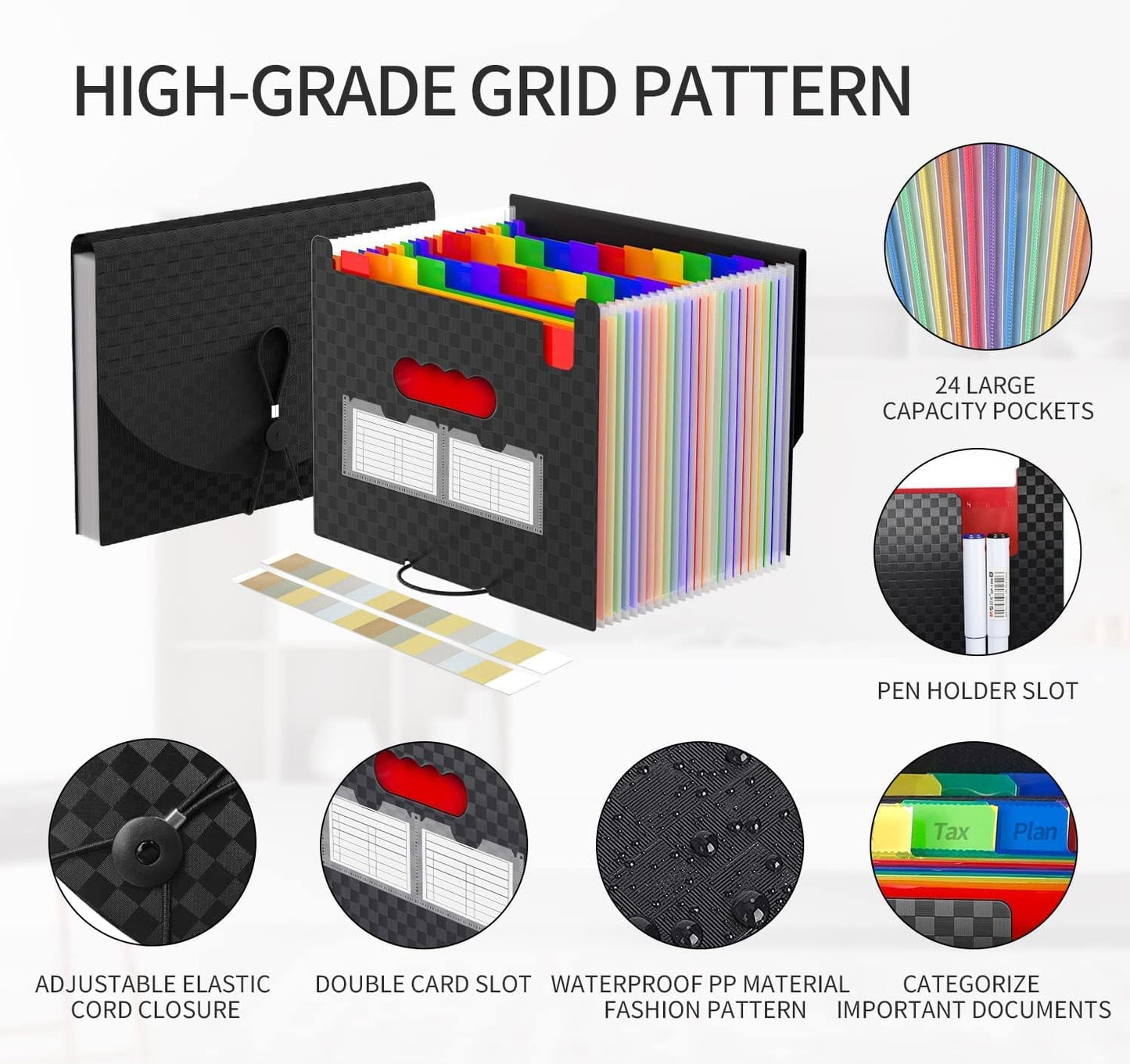 25 Pockets Accordion File Organizer Expanding File Folders,Expandable Document Organizer Plastic Accordian Filing Folder,A4/Letter Size Paper,Portable File Box,2 Tabs, Upgraded Grid Pattern