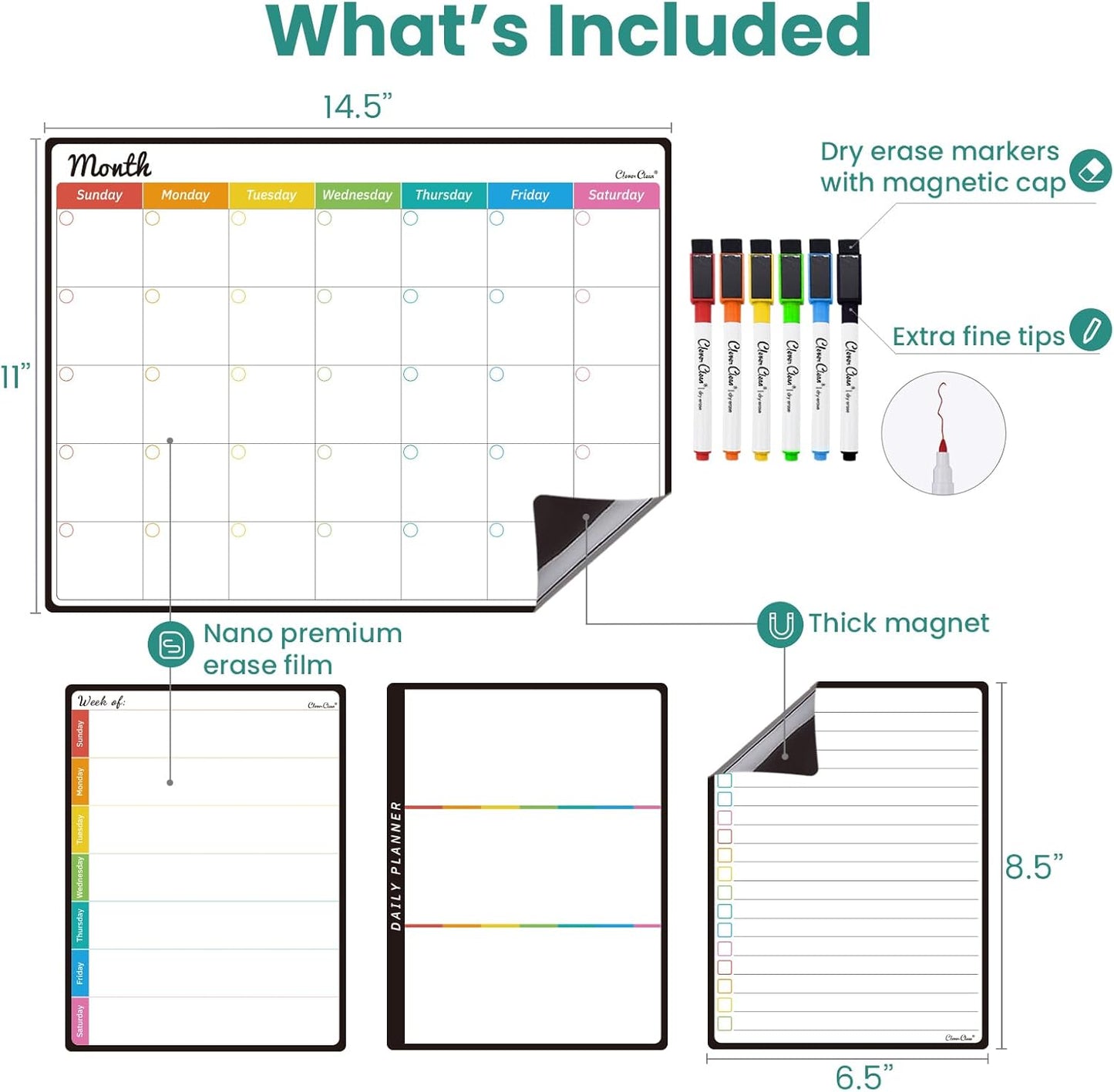 Magnetic Dry Erase Monthly Calendar Set - 14.5"x11" Monthly Calendar, 6.5"x8.5" Weekly, Daily, List Boards for Fridge - 6 Extra Fine Point Markers Included - Shipped Flat