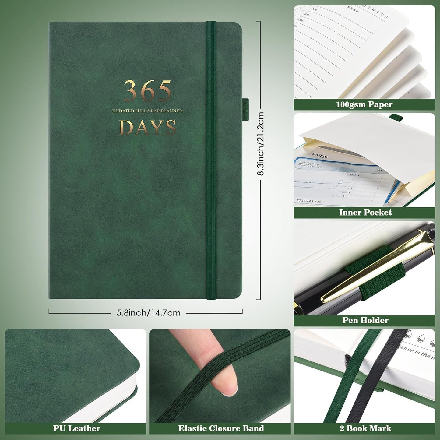 Asten Planner, Undated Daily Planner with To Do List, 365 Days Planner for ADHD Adult, Agenda for, Hourly Planner Notebook for Goal Setting, Productivity Planner with Calendar, 8.3'' x 5.8'' (Green)