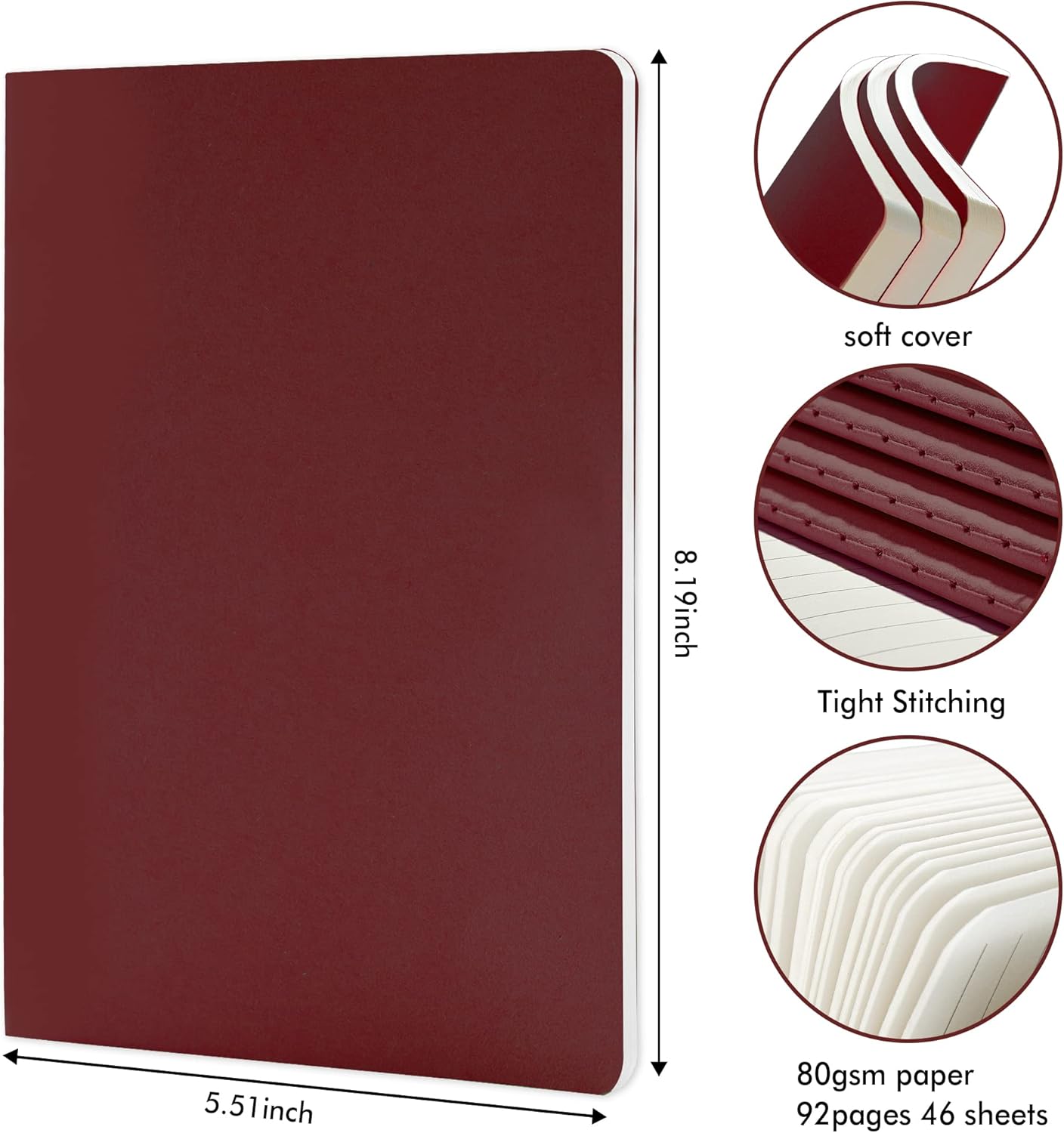 feela 8 Pack Soft Cover Journal Bulk, Notebooks College Ruled for Work, Lined Travel Journal for Women Men, Note Taking Notebook School Supplies Business Writing, 8.2” x 5.5”, A5, Wine