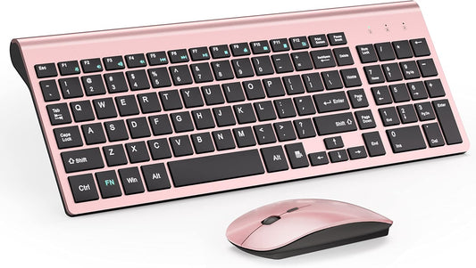 Wireless Keyboard and Mouse Ultra Slim Combo, TopMate 2.4G Silent Compact USB 2400DPI Mouse and Scissor Switch Keyboard Set with Cover, 2 AA & 2 AAA Batteries,for PC/Laptop/Windows/Mac-Rose Gold Black