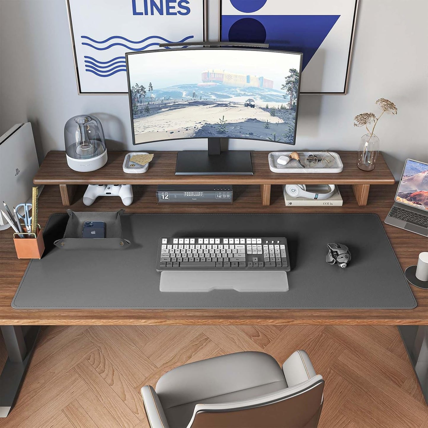 DAWNTREES Dual Sided Desk Mat,Leather Desk Pad,40"x16",Cork Desk Mat Protector,with PU Leather Valet Tray Organizer,Large Mouse Pad,Desk Writing Pad for Office and Home(Dark Gray)