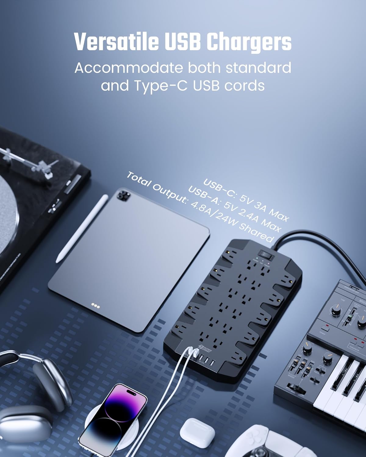 15 Ft Extension Cord Power Strips with Surge Protection, SUPERDANNY Surge Protector with 22 Outlets, 2 USB-C and 4 USB-A, 2100J, 15Ft Flat Plug Heavy Duty Extension Cord (1875W/15A) for Office, School