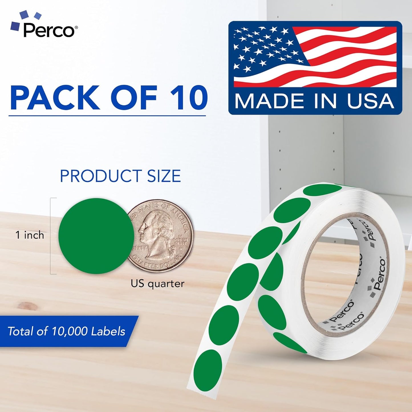 Perco Green 1-Inch Perforated Circle Dot Sticker Labels — 10 Rolls, 10,000 Round Stickers — with Permanent Adhesive for Inventory Management, Color Coding, Garage Sales, Crafts—Made in USA