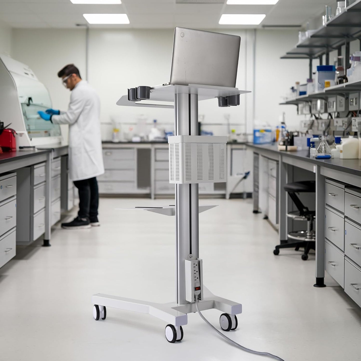 AW Medical Mobile Laptop Cart Rolling PC Stand Ultrasound Imaging Cart Computer Workstation on Wheels with Handle 220 Lbs Capacity CPU Printer Power Strip Holder for Dentistry Clinic Lap Hospital