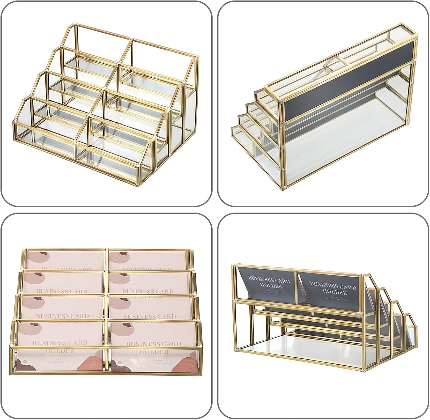 Hipiwe Mirrored Glass Business Card Holder Gold Business Card Display Stand for Desk Multiple Clear Business Card Holder Display for Office Desktop Cards Display Stand for Women Men, 8 Slots