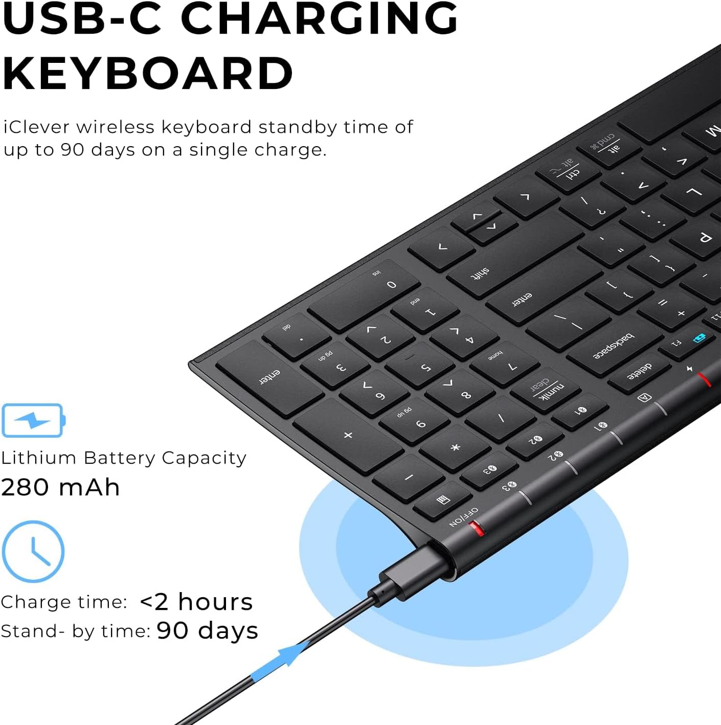 iClever BK10 Bluetooth Keyboard, Universal Bluetooth 5.1 Wireless Keyboard with Number Pad, Ergonomic Design, Multi-Device Compatibility, Stable Connection for Mac, iPad, iPhone, Android, Windows