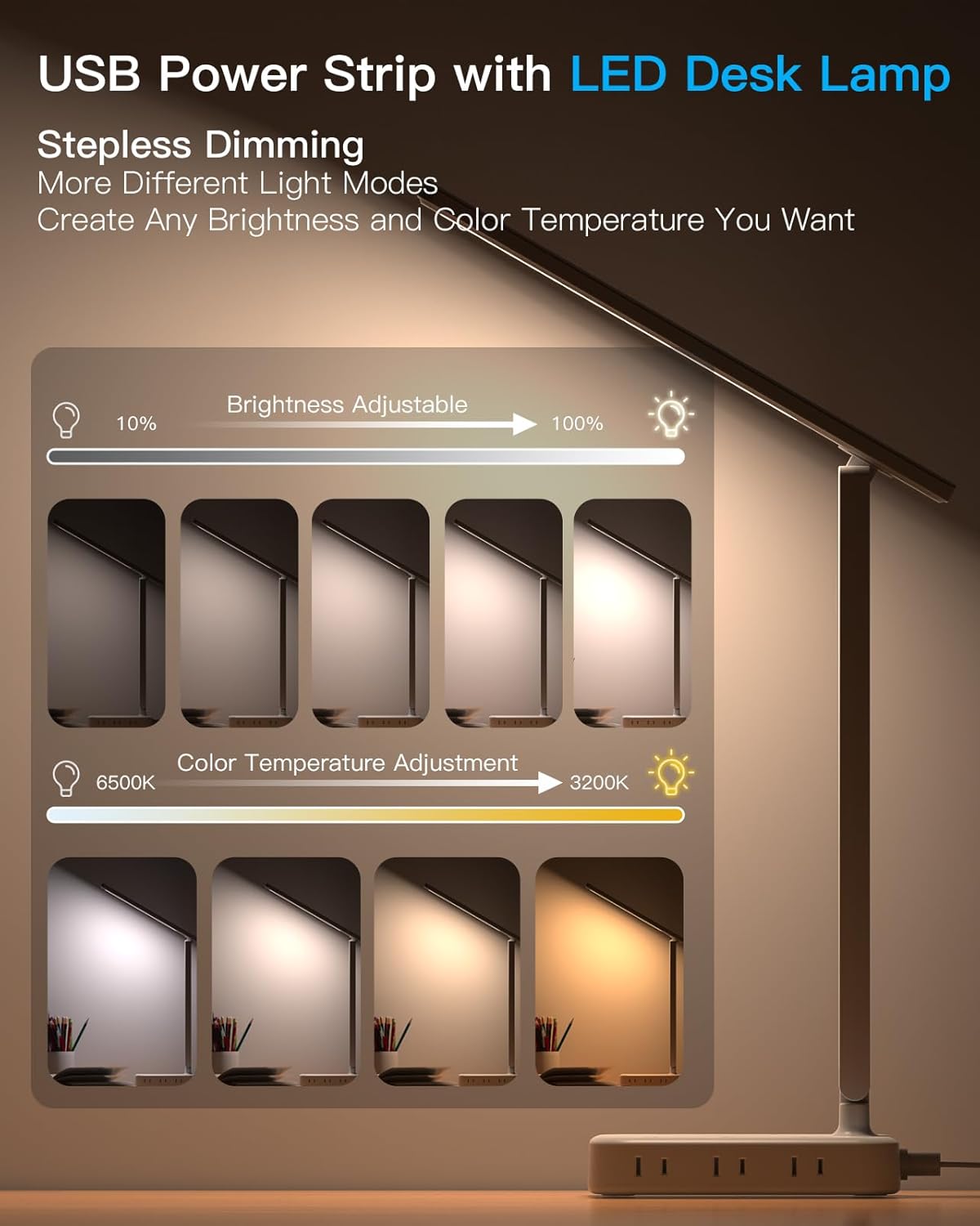 One Beat Desk Lamp with 6 Outlets 4 USB Ports(2×USB-C),Eye Protection Table Lamp Power Strip with 4 Color Modes 5 Brightness Touch LED Desk Lamps for Home Office College Dorm Room Essentials(White