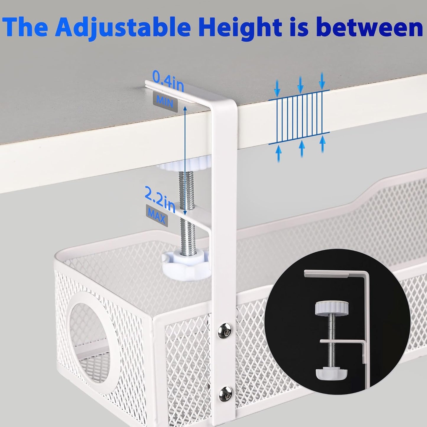 Clamp-On Under Desk Cable Management Tray – No Drill Metal Cord Organizer for Power Strips & Wires – Easy to Install Under Table Cable Holder (White)