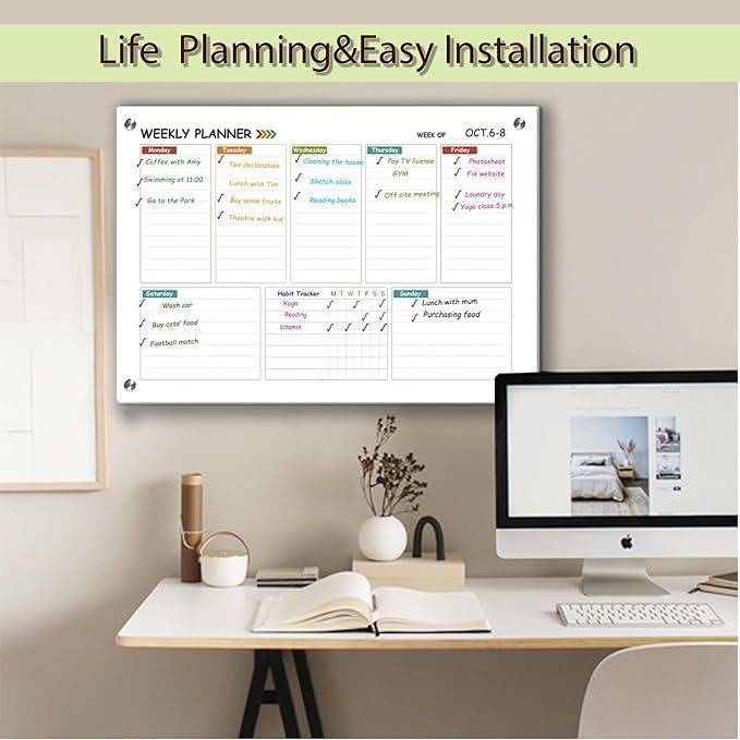 Glass Colorful Weekly Dry Erase Calendar Whiteboard for Wall,24"x 36",Frameless Mounting,Office/School/Home, Frameless Large Planner White Board