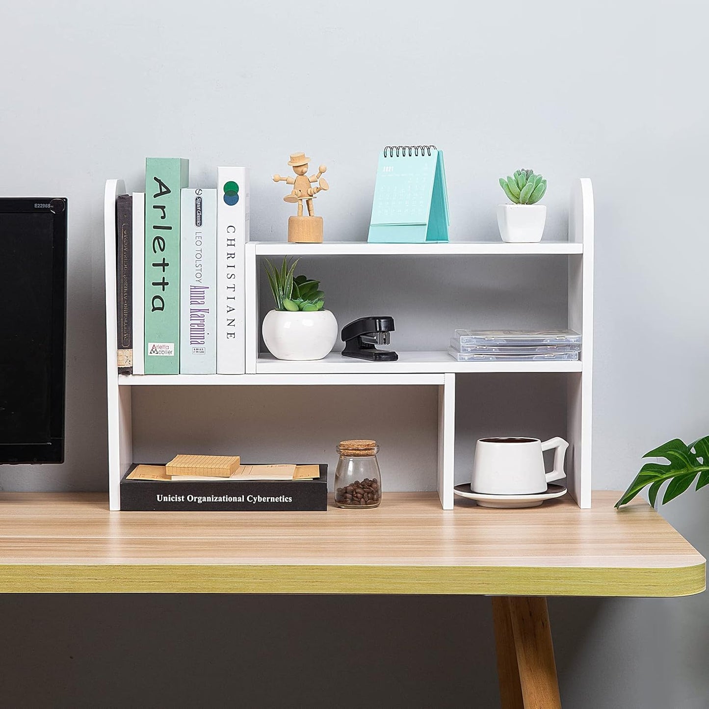 VERGOODR Desktop Adjustable Natural Wood Book Shelf Organizer Office Storage Rack Display Stand Caddy Set Expandable Desk Organizer (White)