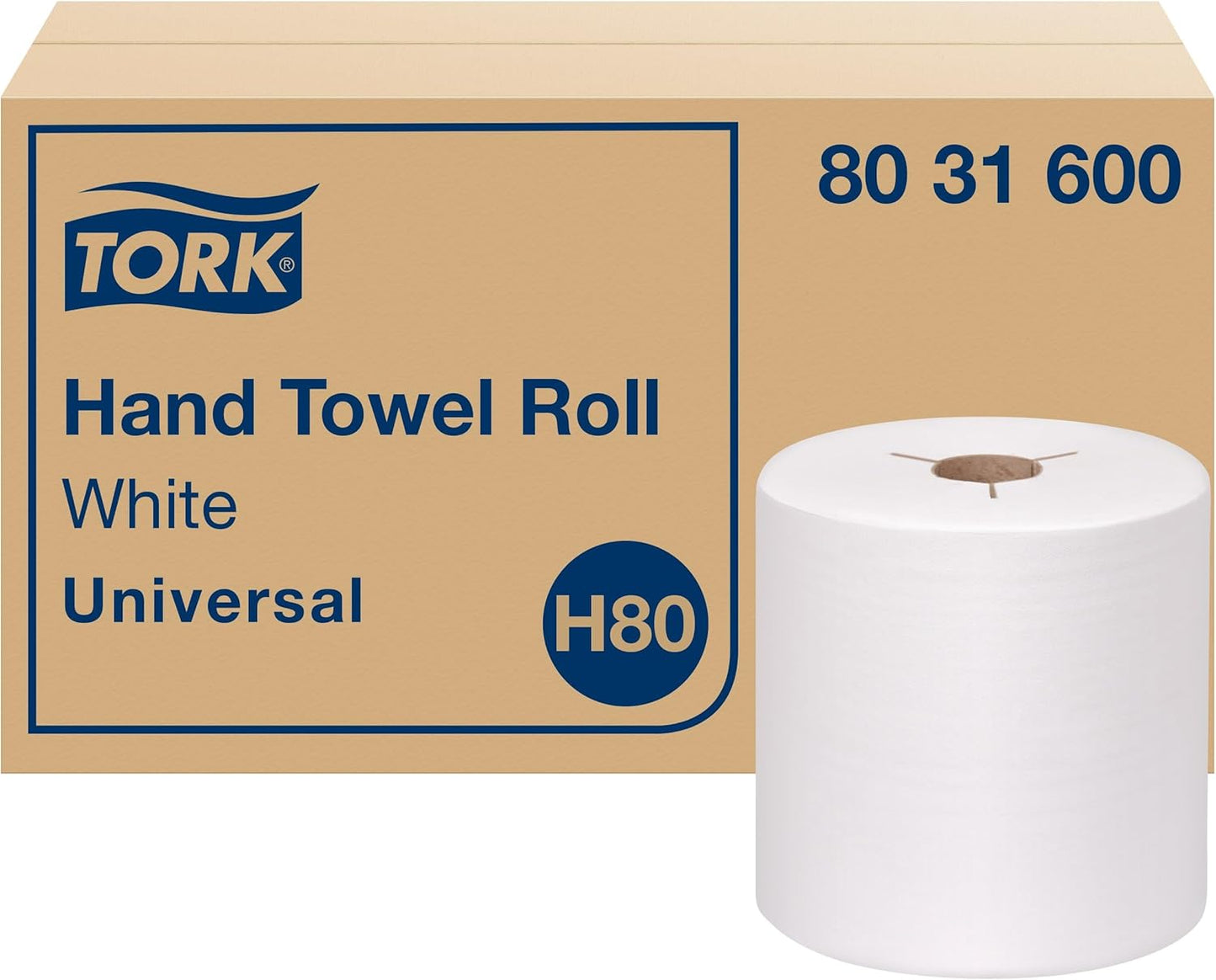 Tork Hand Towel Roll White H80, Universal, 100% Recycled Fiber, 6 Rolls x 630 ft, 8031600
