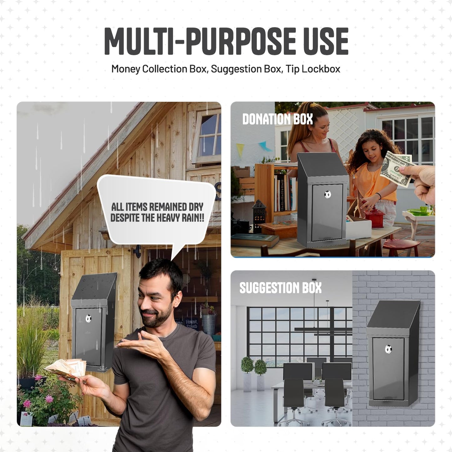 Metal Donation Box-Suggestion Box with Slot and lock-Cash Lock box for Money-Waterproof Drop Box-Comment and ballot voting box-comes with pre-drilled holes for easy wall mounting 10 X 6 X 2.5"(Gray)