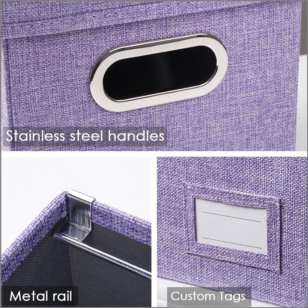 PRANDOM File Organizer Box - Set of 4 Collapsible Decorative Linen Filing Storage Hanging File Folders with Lids Office Cabinet Letter Size Purple (14x9.3x10.8 inch)