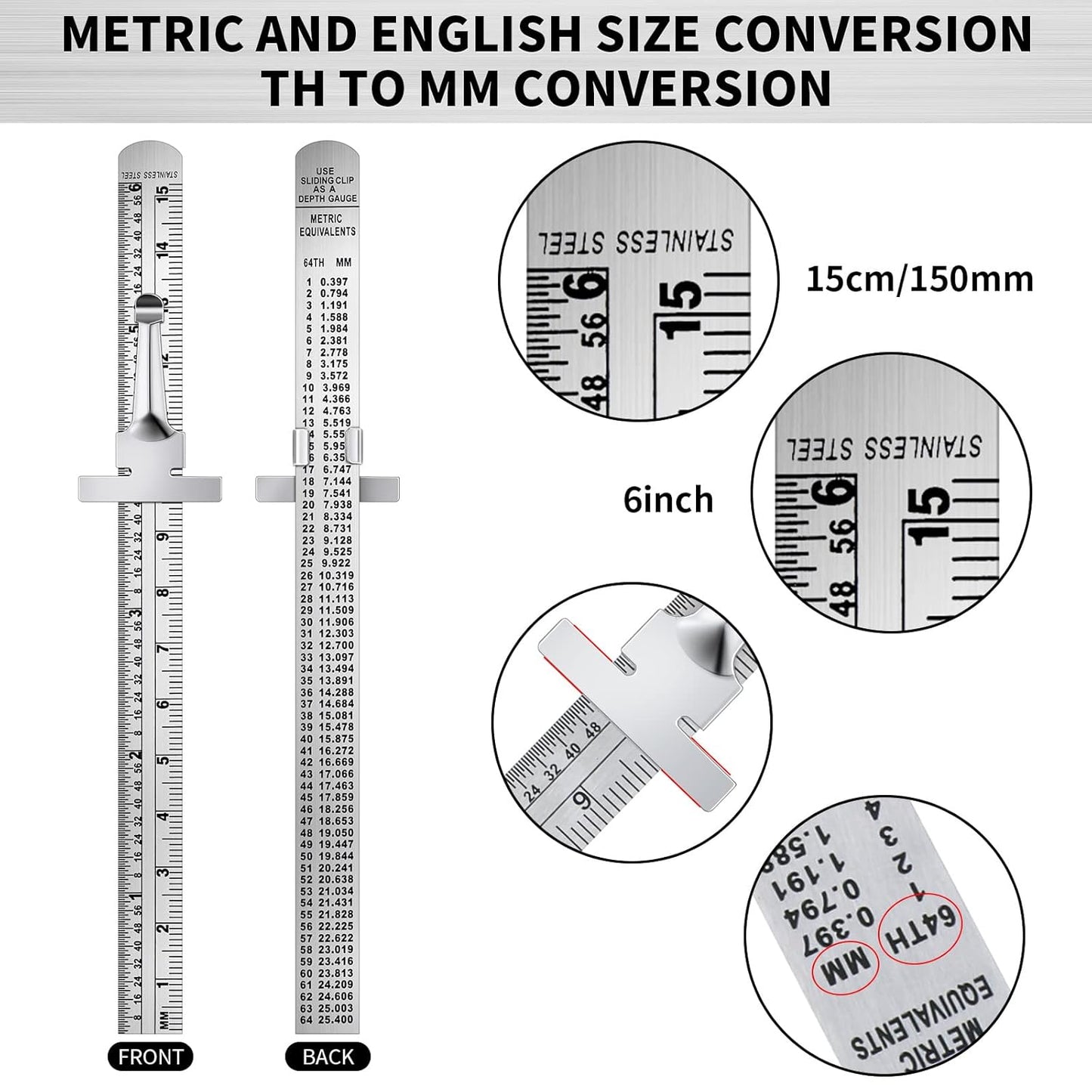 6 Inch 15 cm Pocket Ruler Flexible Precision Stainless Steel Ruler with Detachable Clips Stainless Steel Pocket Clip Scale Gauge Metric British System(15 Pieces)