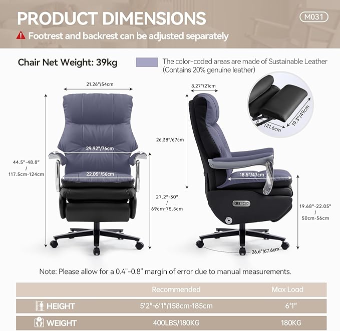 Dual Motor Electric Executive Office Chair with Foot Rest, Comfy Reclining Office Chair with Massage, Big and Tall Heavy Duty Ergonomic Home Office Desk Chairs，Sustainable Leather 400lbs, Black