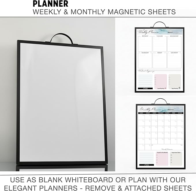 Small Whiteboard 12 x 16 Inch Magnetic Dry Erase Board with Handle | Black Aluminum Frame | Double-Sided Planner Board with Weekly & Monthly Sheets | 3 Markers, Eraser & 2 Magnets