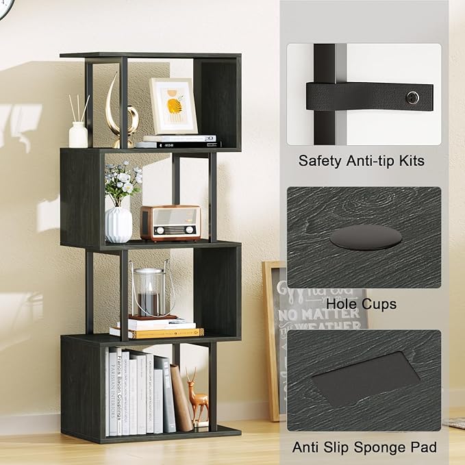 Furologee Geometric Bookshelf 5 Tier Bookcase, Industrial S-Shaped Display Storage Shelf for Small Space, Tall Metal Wood Decorative Standing Shelves for Bedroom, Living Room, Office, Black Oak