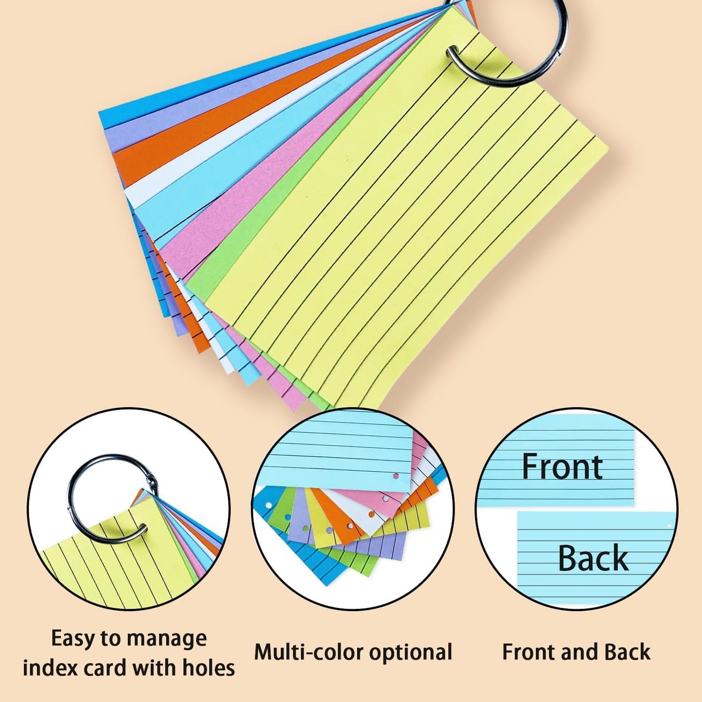 TFLFL Index Cards 3x5 Inch, 600PCS Flash Cards with Rings 8 Colors Ruled Index Cards, Assorted Lined Colored Flashcards, Thin Note Cards Paper, Study Card Memo Scratch Pad for Home Office School