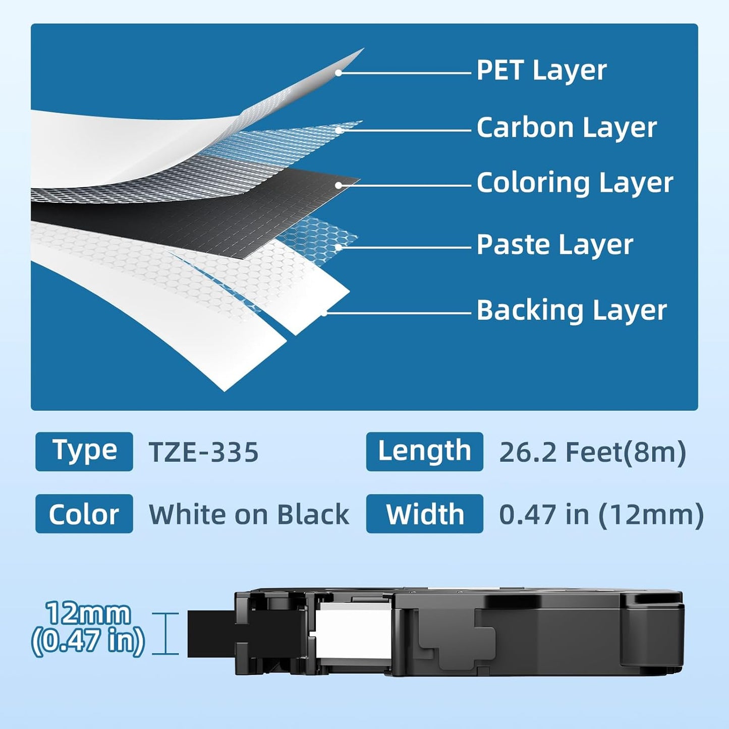 Airmall Label Maker Tape Black Replacement for Brother Ptouch Tape 12mm 0.47 White on Black Tze-335 Tze335 TZe TZ 12mm 0.47 Laminated for Brother PT-D210 PT-D220 PT-H110 PT-D400 PT-D600, 4-Pack