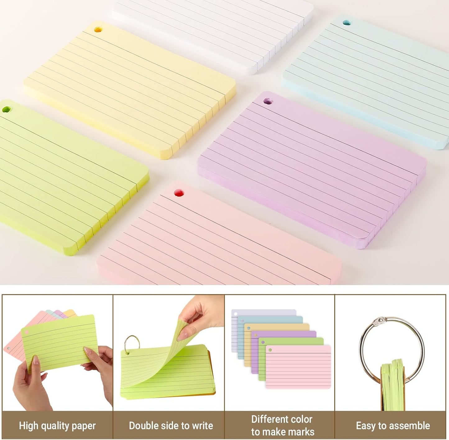 12 Pack Lined Index Cards 4 x 6 Inches, 720 PCS Colored Ruled Index Flashcards Lined Flash Cards with Rings, Note Cards Punched for Study, Office and Home