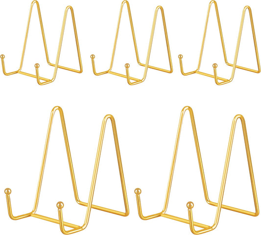 IBosins 5 Pack 4 Inch Plate Holder Display Stands, Metal Gold Frame Stand for Picture, Book, Photo Easel, Creation, Collectibles