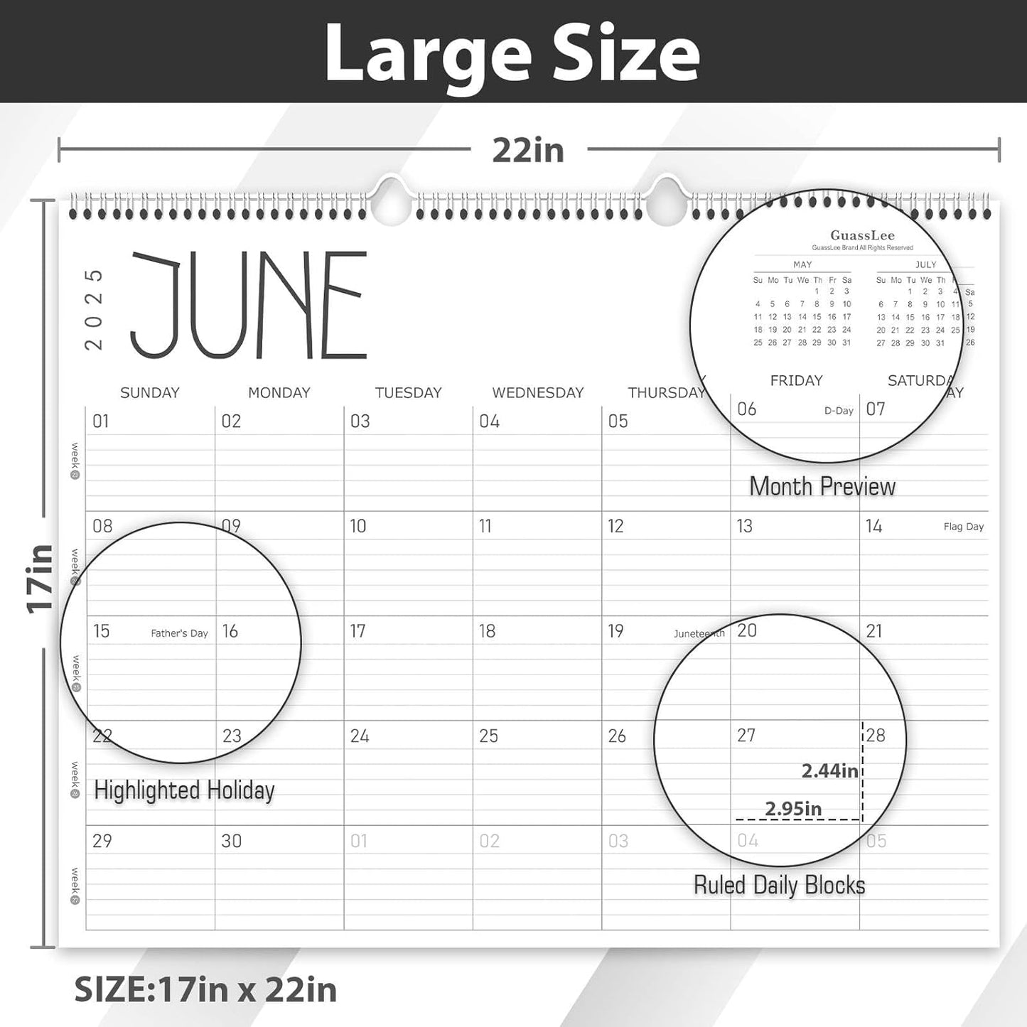 Guasslee Large Wall Calendar 2025-2026, 12 Monthly Calendar from 2025 June-May 2026 Jumbo 22"x17" Hanging Desk/Wall Planner with Spiral Bound for School Home Office Organizing