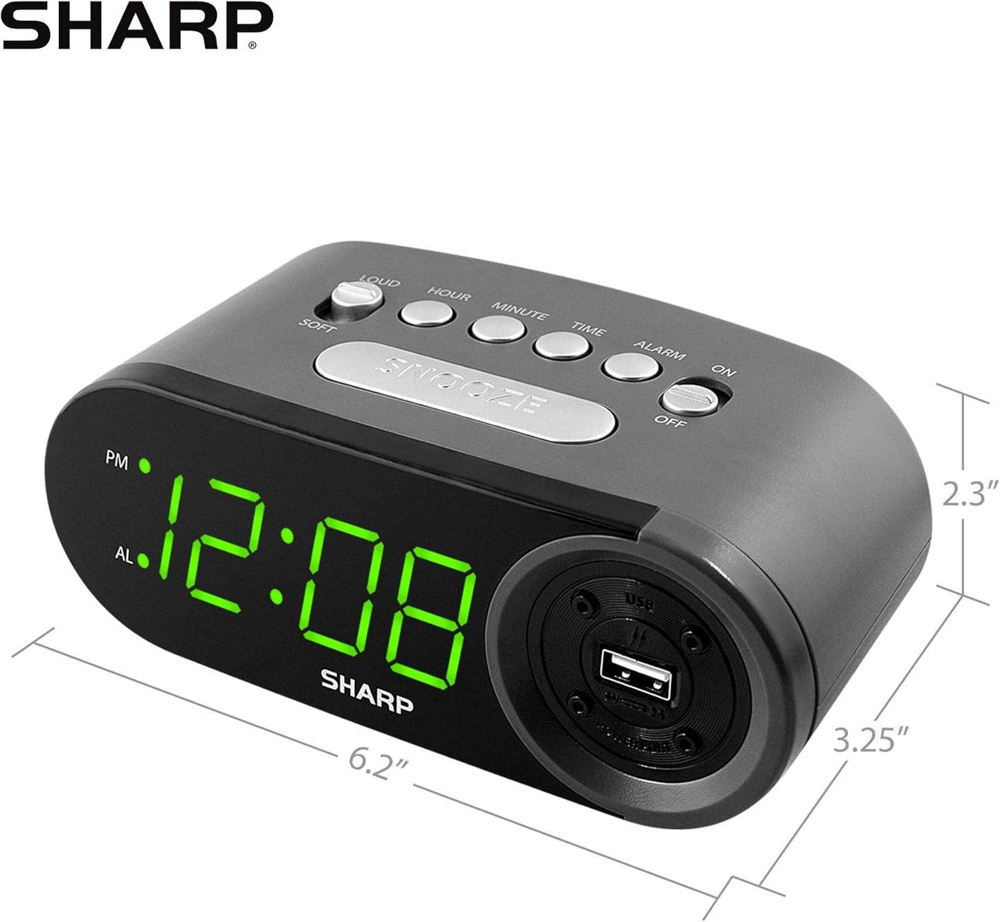 Sharp Digital Easy to Read Alarm Clock with 2 AMP High-Speed USB Charging Power Port - Charge Your Phone, Tablet with a high Speed Charge! Simple, Easy to Use Operation, Black – Green LEDs