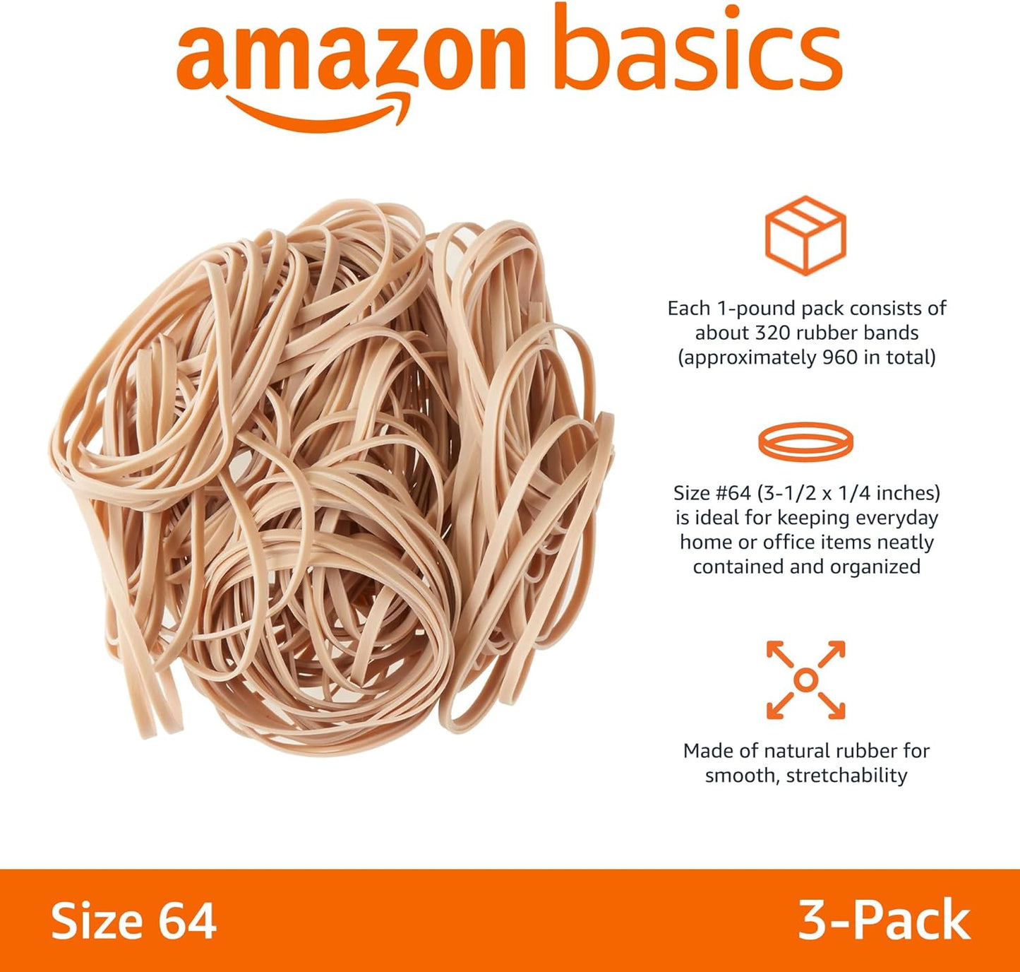 Amazon Basics Rubber Bands, Size 64 (1/4"), 320 Bands/1 lb Pack, 3-Pack, Tan