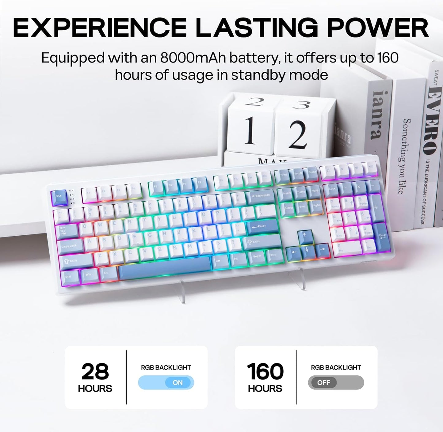 EPOMAKER TH108 Full Size Mechanical Keyboard, Wireless Gaming Keyboard with 8000mAh Battery, Creamy Gasket, 108 Keys, Hot Swap, Custom Driver, RGB Backlight (Blue&White, Creamy Jade)