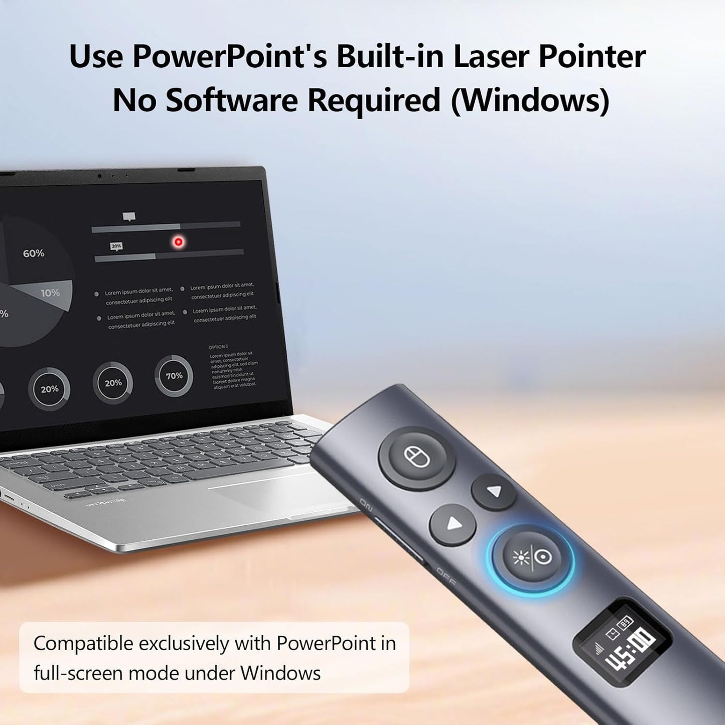 Norwii N95s BLE Presentation Clicker with Digital Pointer for PowerPoint Presentation on TV Screen and Projection Screen, Wireless Presenter Remote with Countdown Timer (Green Light-USB-A)