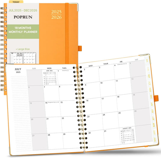 POPRUN Monthly Planner 2025-2026 Spiral Hardcover (8'' x 10''), 18 Months Calendar (Jul.2025 - Dec.2026)- 2 Pages per Month with Dotted Note Pages, Sunday Start, Laminated Tab - Orange