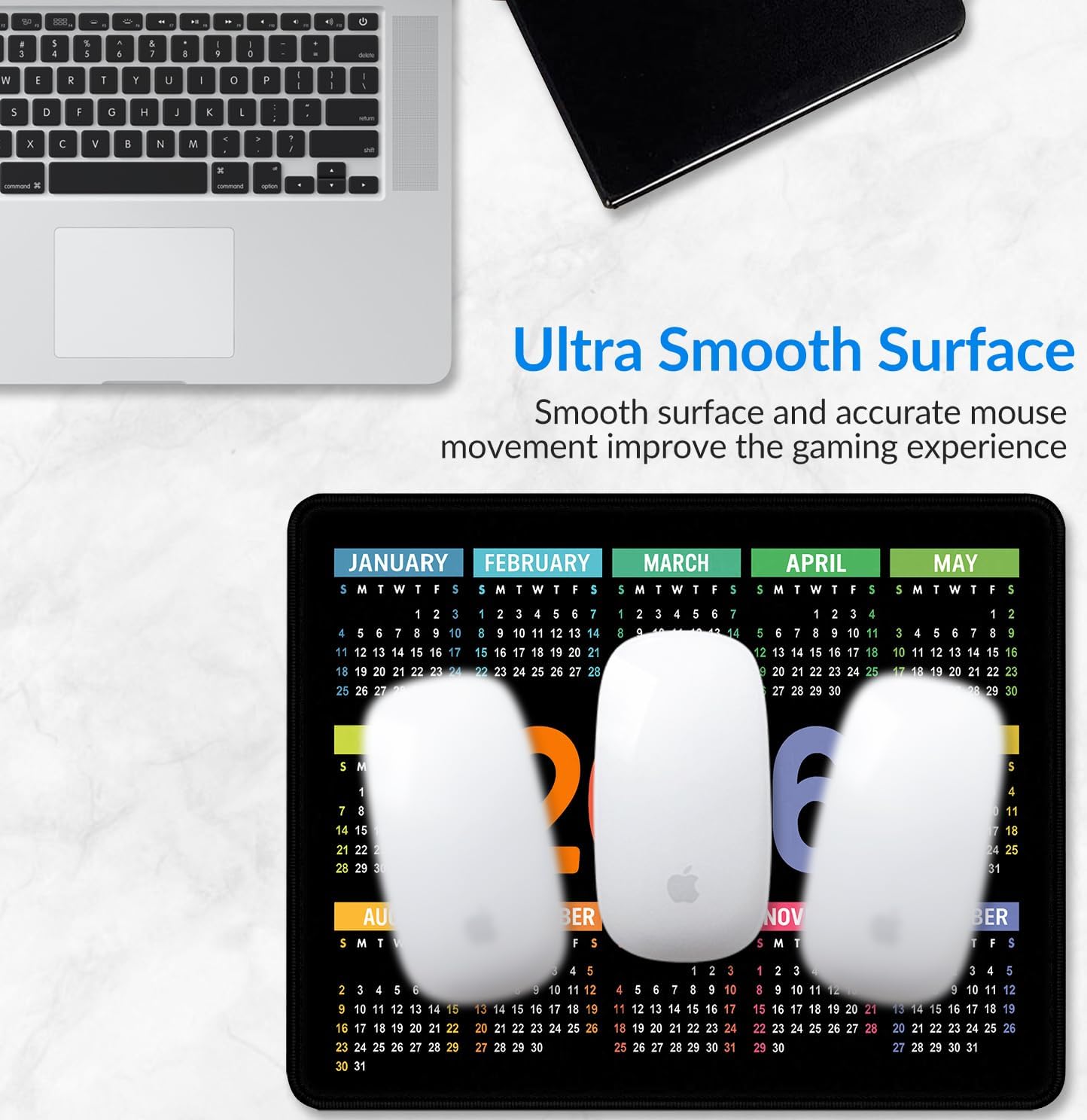 2026 Calendar Mouse pad, Gaming Stitched Edge Computer Accessory Mouse Pad, Rectangular Anti Slip Chloroprene Rubber Mouse Pad for Office and Home Use (Black Calendar Mouse Pad)