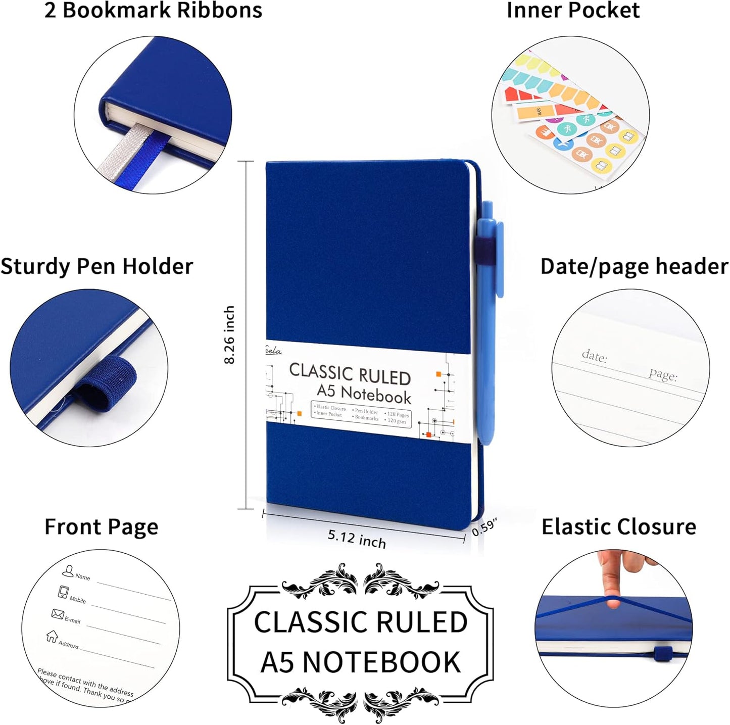 feela College Ruled Notebooks, 18 Pack Business Notebook Bulk Hardcover Lined Writing Journal with Pen Holder for Men Women Note Taking, with 18 Black Pens, 120 GSM, 5.1”x8.3”, A5, Navy