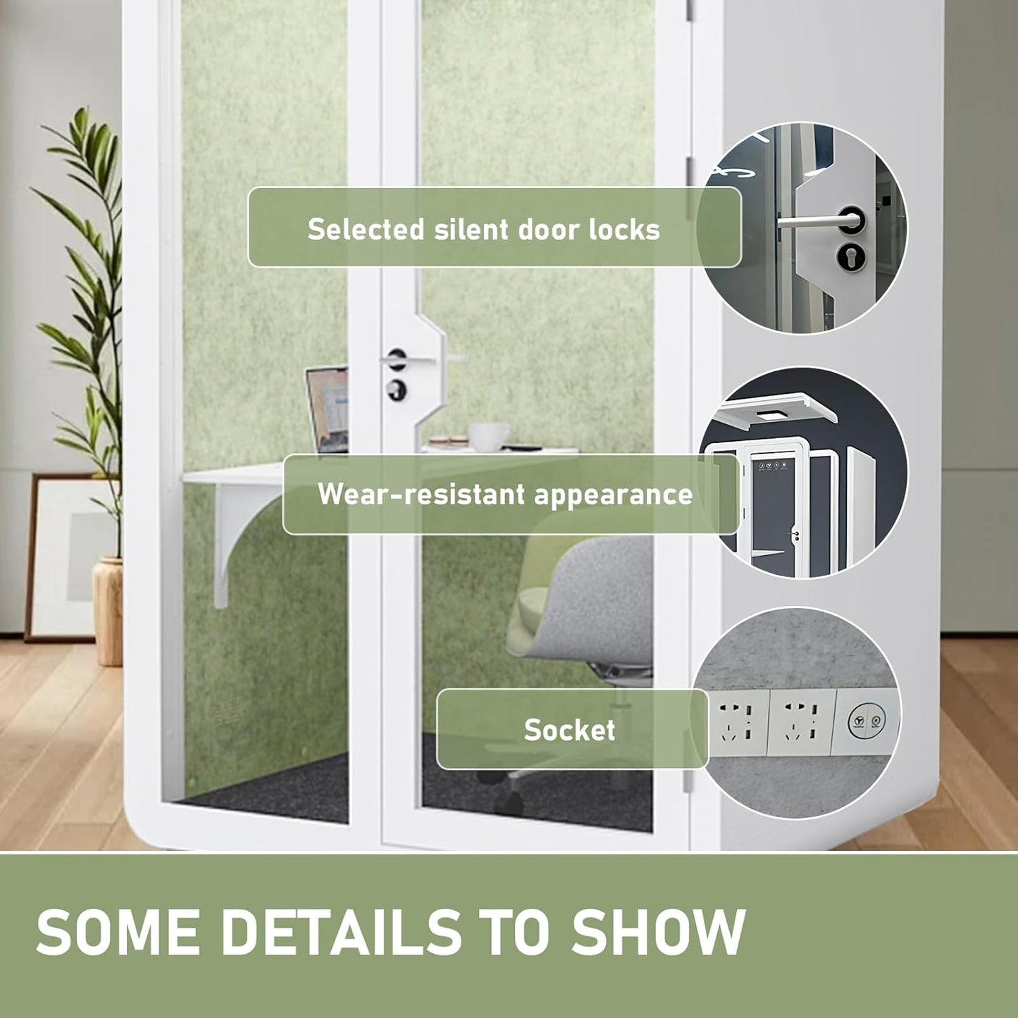 Office Sound Booth with Audio Privacy - Removable Soundproof Booth with Green with Arc Border Design,Soundproof Room with Light,Fans, Socket for Study,Live Broadcast Room (59IN)